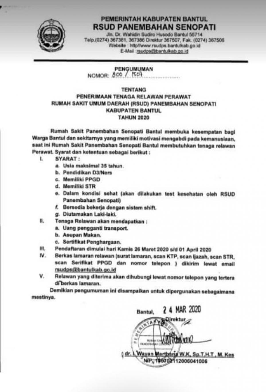 Lowongan Relawan Perawat / Tenaga Medis RS Panembahan Senopati.